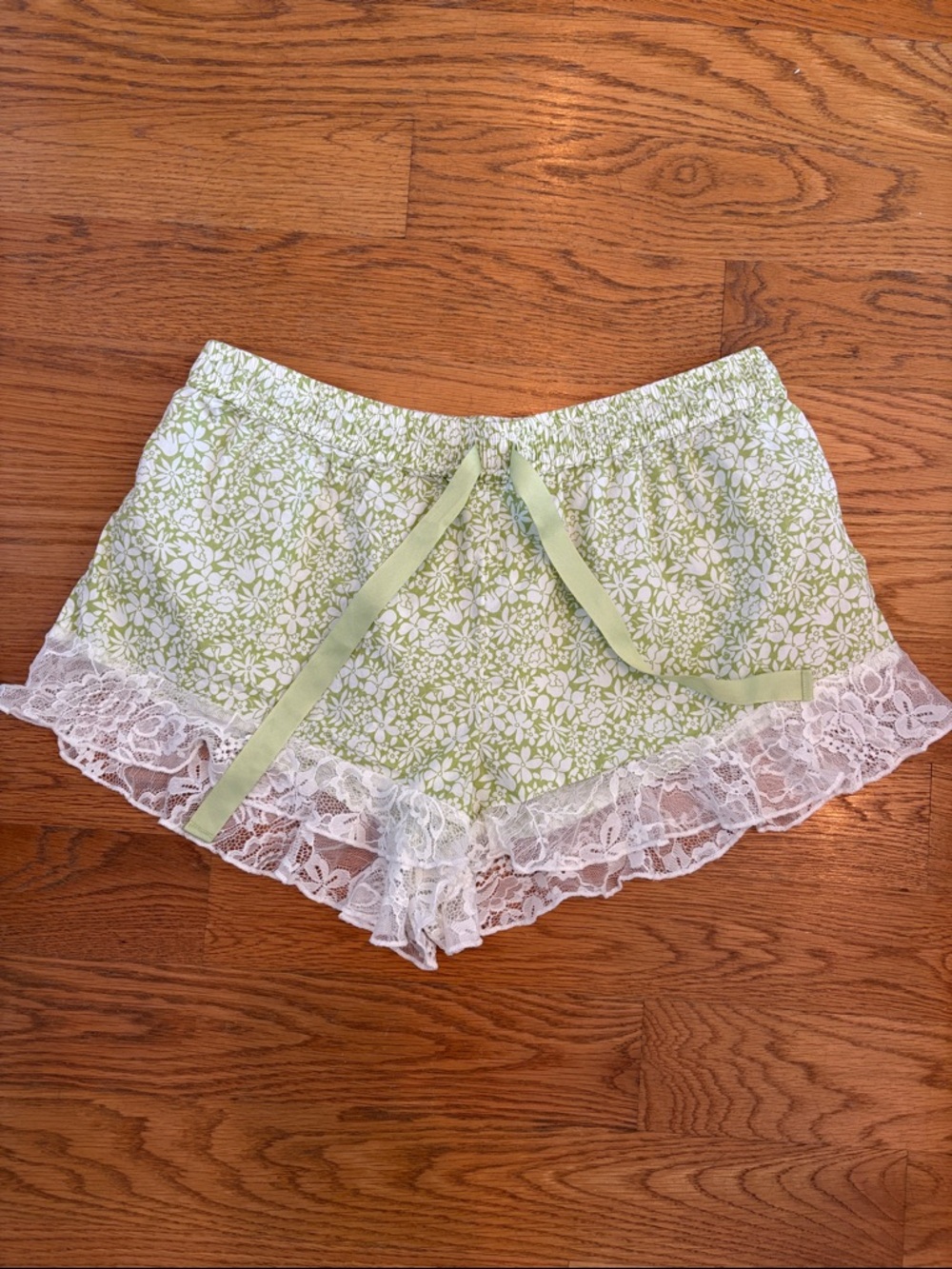 Anthro Green Floral Lace-Trim Sleep Shorts
